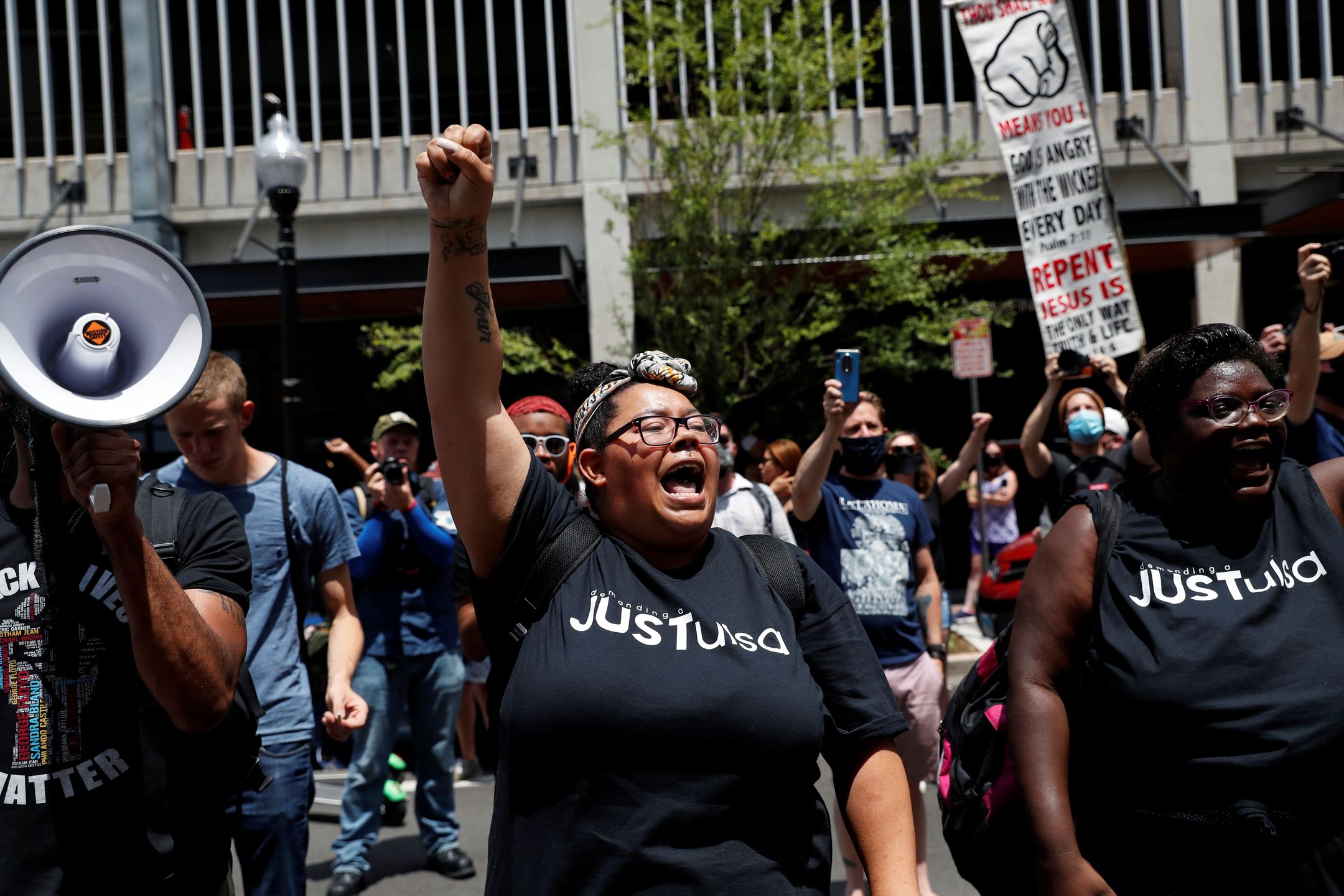 People protest against racial injustice near the site of a rally by U.S. President Donald Trump in Tulsa, Oklahoma, U.S., June 20, 2020.