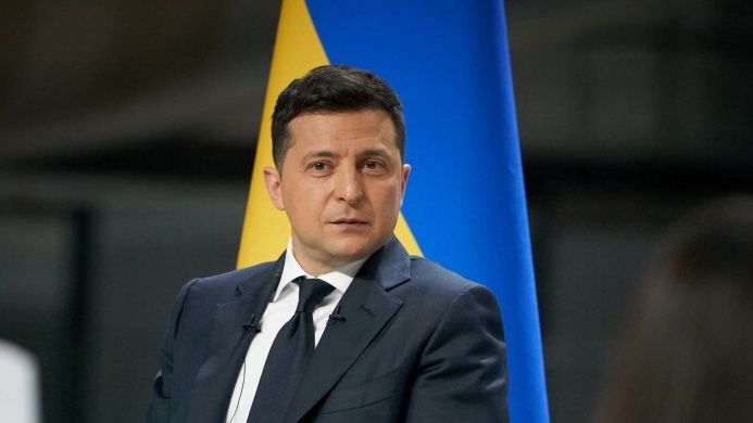 KIEV, UKRAINE - MAY 20: (----EDITORIAL USE ONLY â MANDATORY CREDIT - "UKRAINIAN PRESIDENCY / HANDOUT" - NO MARKETING NO ADVERTISING CAMPAIGNS - DISTRIBUTED AS A SERVICE TO CLIENTS----) President of Ukraine Volodymyr Zelensky attends a news conference on two years in office at the Antonov State Enterprise in Kiev, Ukraine on May 20, 2021. (Photo by Ukrainian Presidency/Handout/Anadolu Agency via Getty Images)