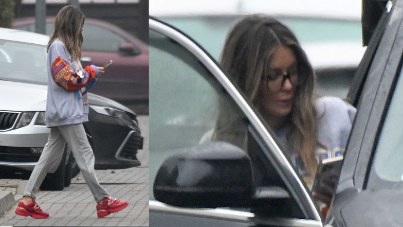 Zaspana Małgorzata Rozenek wędruje do samochodu