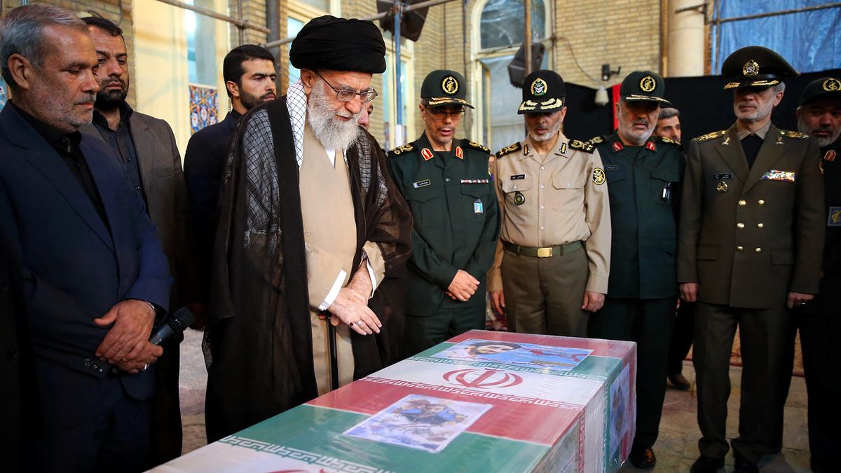 TEHRAN, IRAN - ARCHIVE: (----EDITORIAL USE ONLY - MANDATORY CREDIT - 'IRANIAN LEADER PRESS OFFICE / HANDOUT' - NO MARKETING NO ADVERTISING CAMPAIGNS - DISTRIBUTED AS A SERVICE TO CLIENTS----) A file photo dated September 27, 2017 shows Iranian Chief of Staff Mohammad Bagheri (4th R), Iran's Supreme Leader Ali Khamenei (2nd L), and Deputy Chief of General Staff Abdolrahim Mousavi (3rd R) attending the funeral ceremony held for Mohsen Hojaji, a member of the Iranian Islamic Revolutionary Guard Corps (IRGC), who was killed in the clashes in Syria, in Tehran, Iran. Assassination attempt targeted Iranian Chief of Staff Mohammad Bagheri during Israel's Tehran attacks. (Photo by Iranian Leader Press Off. / Handout/Anadolu via Getty Images)