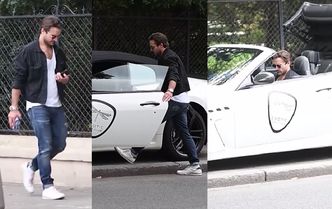 Wystylizowany Stramowski wsiada do Maserati cabrio