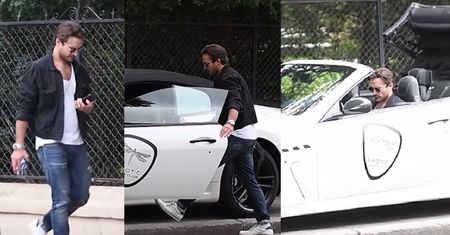 Wystylizowany Stramowski wsiada do Maserati cabrio