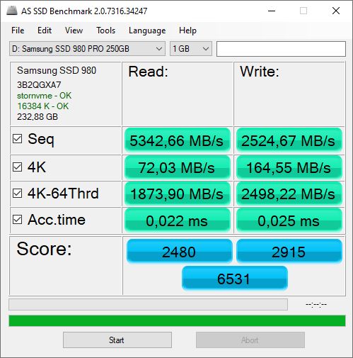 AS SSD Benchmark 2.0 - wydajność platforma Intel Z590