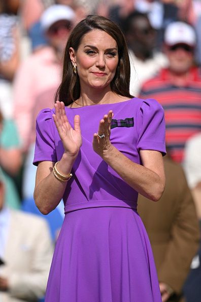 Celebrity Sightings At Wimbledon 2024 - Day 14LONDON, ENGLAND - JULY 14: Catherine Princess of Wales on court to present the trophy to the winner of the men's final on day fourteen of the Wimbledon Tennis Championships at the All England Lawn Tennis and Croquet Club on July 14, 2024 in London, England. (Photo by Karwai Tang/WireImage)Karwai Tang