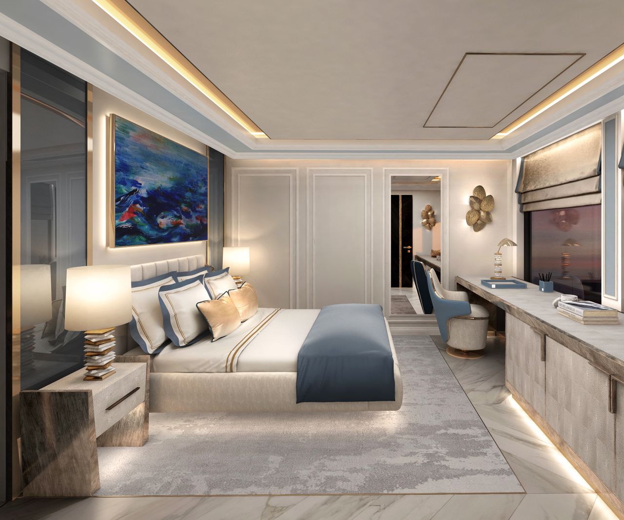 Wnętrze luksusowego jachtu L'Elegance. Projekt stworzony przez Alicję Kotlarek wygrał w 2022 roku w międzynarodowym konkursie International Yacht and Aviation Awards.