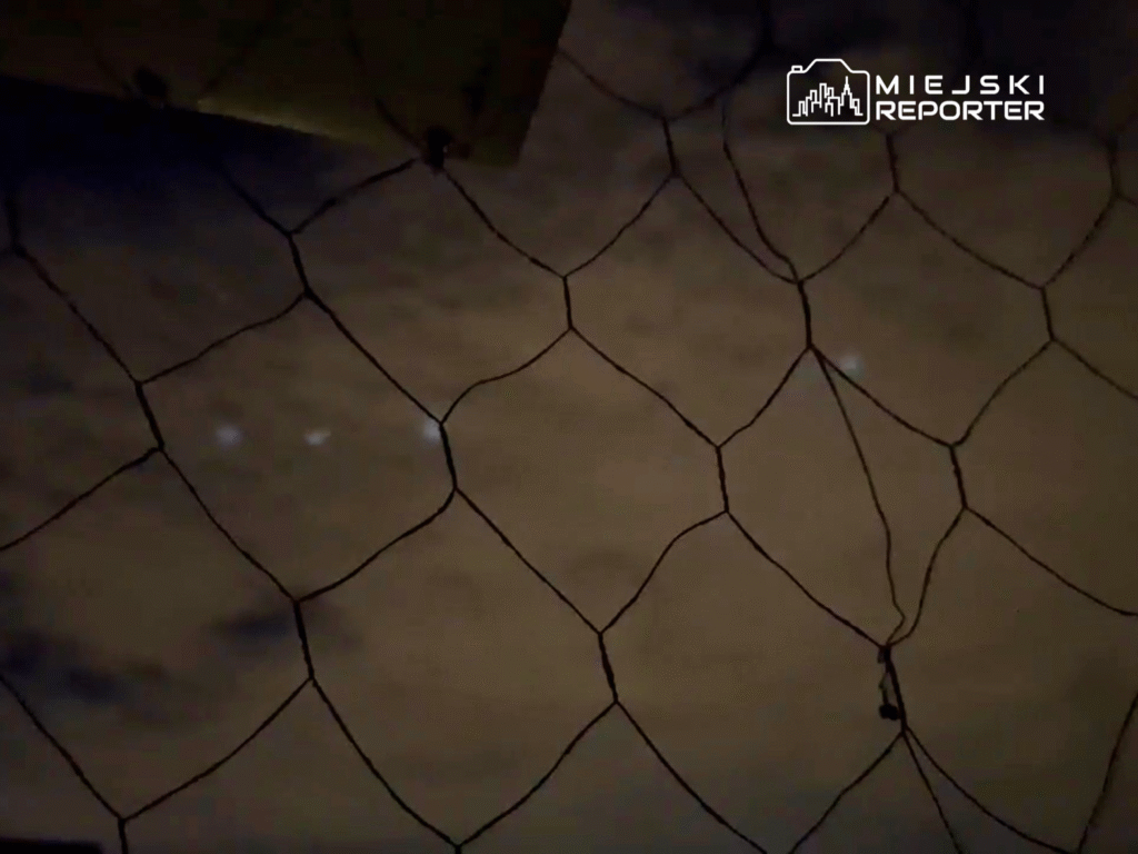 Siatka ochronna rozciągnięta w ciemnej przestrzeni, w tle widoczne zamglone światła.