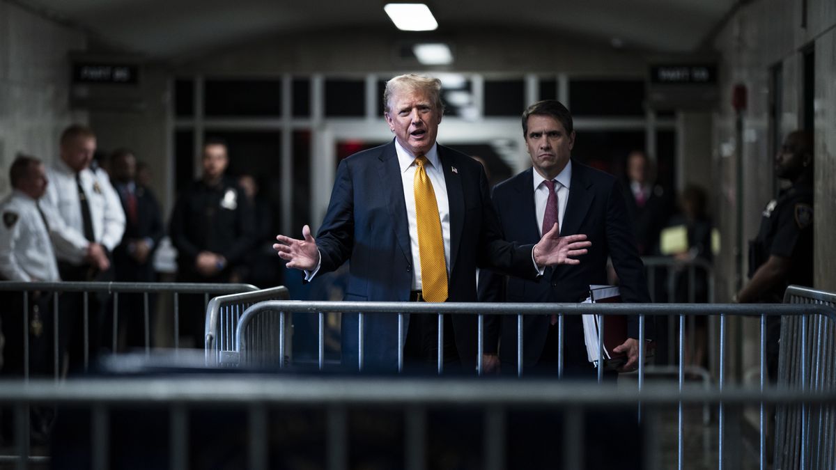 New York, NY - May 29 : Former President Donald Trump, with attorney Todd Blanche, speaks to reporters as jurors are released to begin deliberations for his criminal trial at the Manhattan Criminal Court in New York, NY on Wednesday, May 29, 2024. Trump was charged with 34 counts of falsifying business records last year, which prosecutors say was an effort to hide a potential sex scandal, both before and after the 2016 presidential election. Trump is the first former U.S. president to face trial on criminal charges. (Photo by Jabin Botsford/The Washington Post via Getty Images)
