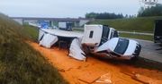 Wola Hankowska: Sos pomidorowy popłynął autostradą A1. Groźne zderzenie ciężarówki z busem