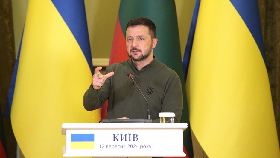President of Ukraine Volodymyr Zelenskyy speaks during a joint press conference with President of Lithuania Gitanas Nauseda in Kyiv, Ukraine, on September 12, 2024. NO USE RUSSIA. NO USE BELARUS. (Photo by Ukrinform/NurPhoto via Getty Images)