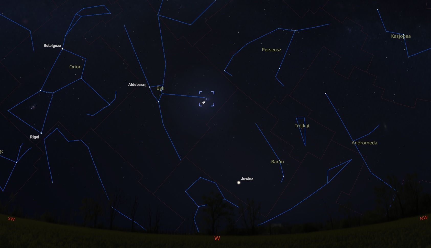 Mapka pozycja Księżyc i Plejady