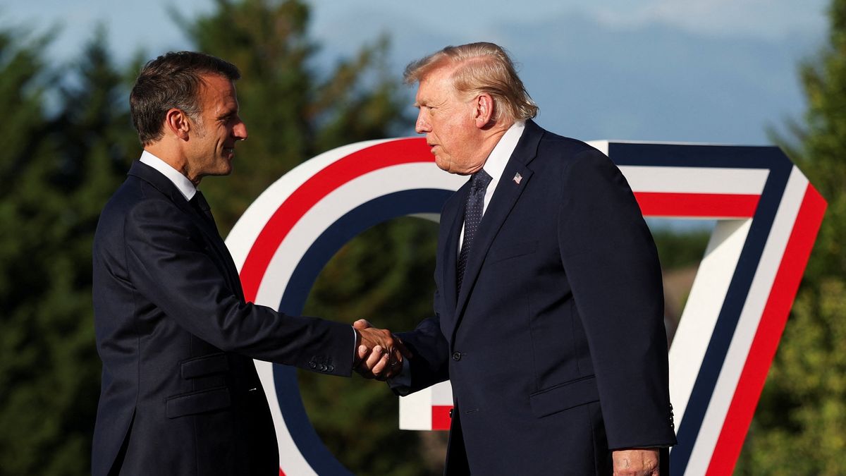 EVIAN-LES-BAINS, FRANCE - JUNE 15: French President Emmanuel Macron greets U.S. President Donald Trump during the G7 Summit at Hotel Royal Evian on June 15, 2026 in Evian-les-Bains, France. Leaders from the Group of 7 (G7) countries convened in Evian, France, near the Swiss border, for their annual summit to discuss challenges to peace and security for Ukraine and Europe, the situation in the Middle East, and other geopolitical issues. (Photo by Isabel Infantes-Pool/Getty Images)