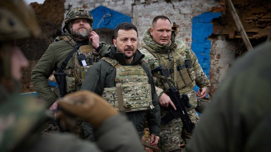 Temporary
Handout photo shows Ukrainian President Volodymyr Zelensky, center, visits soldiers with the Army 65th Separate Mechanized Brigade at the frontlines of the Zaporizhzhia region, February 4, 2024 in Robotyne, Zaporizhzhia Oblast, Ukraine. Photo by Ukrainian Presidency via ABACAPRESS.COM
ABACA