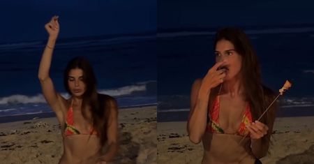 Odziana w bikini Anna Markowska eksploruje plażę nocą i zajada się piankami z ogniska