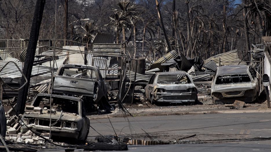 The carcass of burnt cars and houses are the only remains after a wild fire swept through a neighborhood in Lahaina, Hawaii, USA, 11 August 2023. At least 67 people were killed in the wildfires buring in Maui, which is considered the largest natural disaster in Hawaii's state history. EPA/ETIENNE LAURENT Dostawca: PAP/EPA.