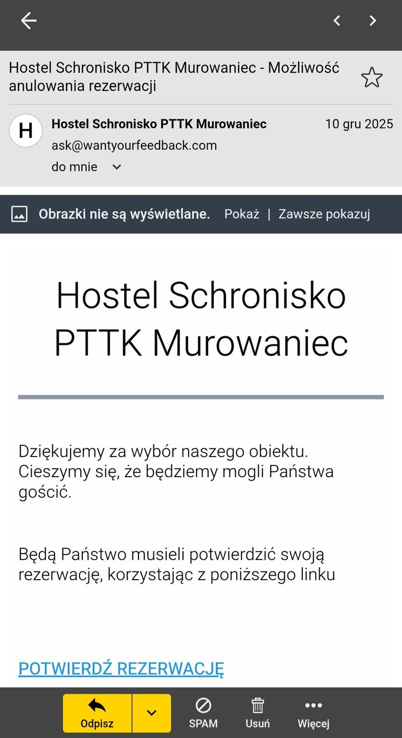 Fałszywy mail o rzekomym anulowaniu rezerwacji w schronisku