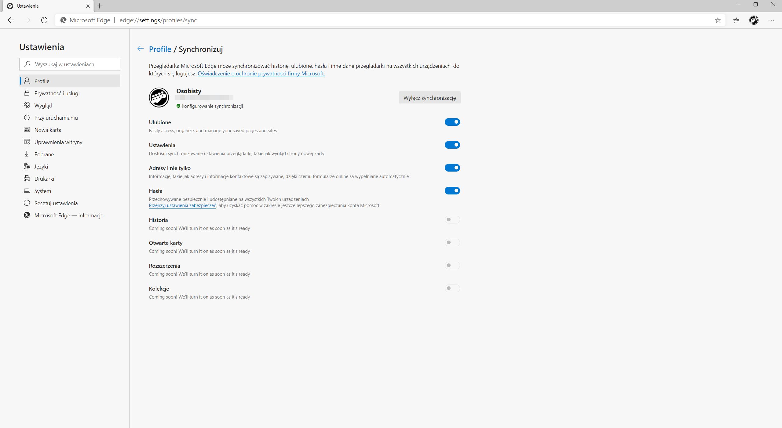 Synchronizacja to główny widok w ustawieniach.