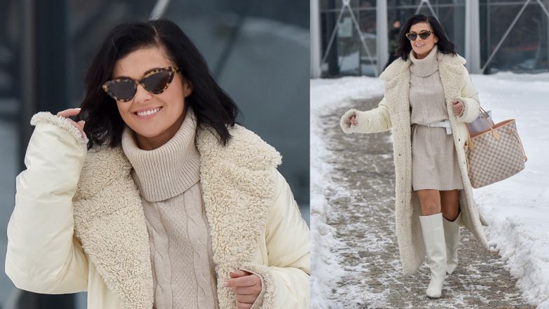 Katarzyna Cichopek w białych kozaczkach na śniegu