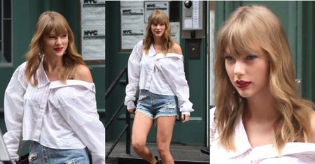 Taylor Swift w deformującej sylwetkę koszuli