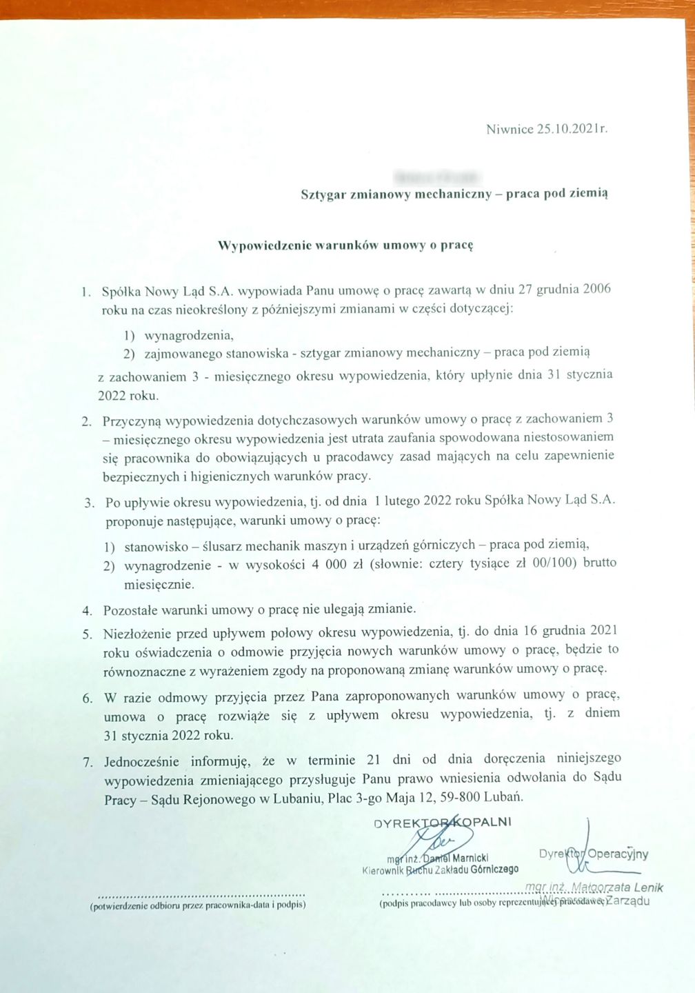 Sztygar został zdegradowany do stanowiska ślusarza po 16 latach pracy na kopalni. 