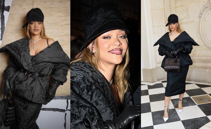 Szykowna Rihanna w ekstrawaganckiej stylizacji podbija paryski pokaz Diora. Ma smykałkę do mody? (ZDJĘCIA)