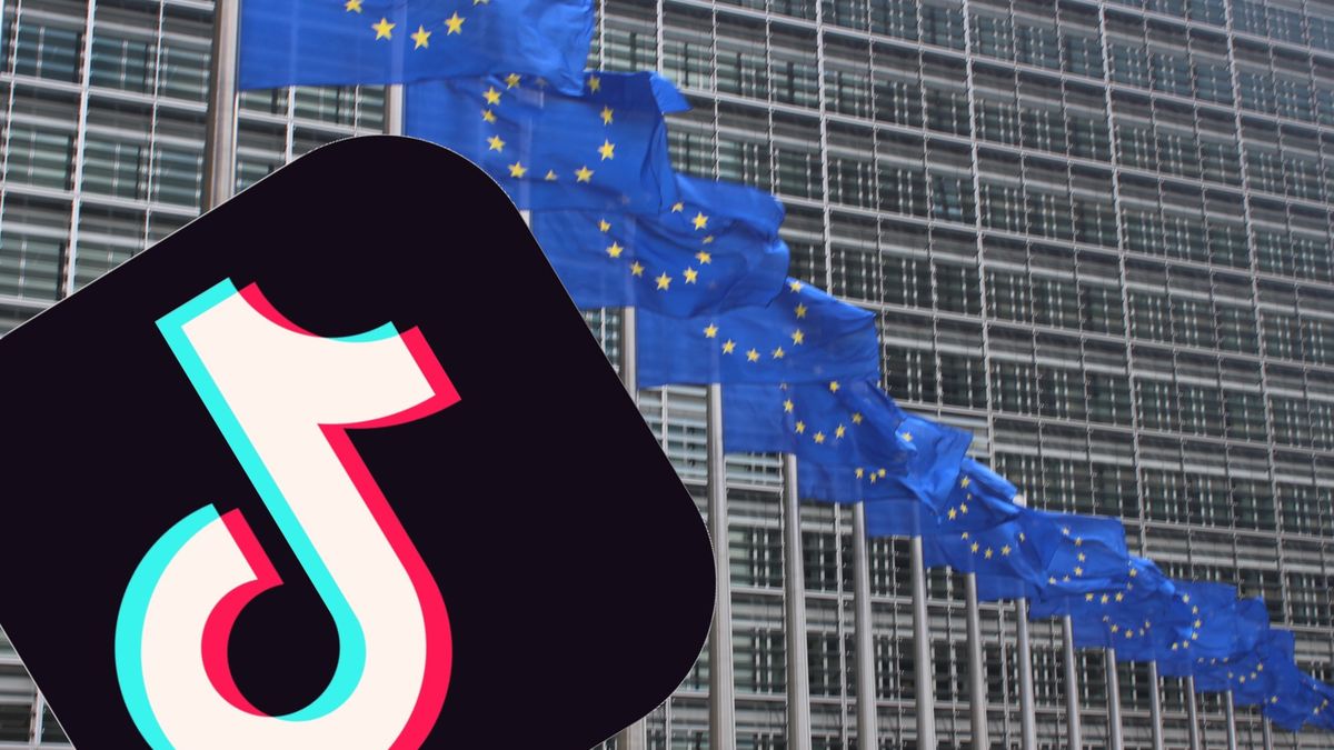 Kolumna flag przed Komisją Europejską w Brukseli z  logo TikToka