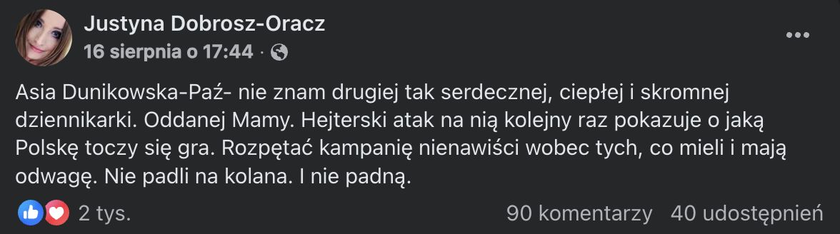 Justyna Dobrosz-Oracz stanęła w obronie Joanny Dunikowskiej-Paź