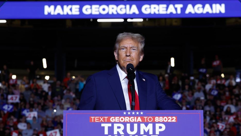 Republican Presidential Candidate Donald Trump Holds Rally In Atlanta
ATLANTA, GEORGIA - OCTOBER 28:  Republican presidential nominee, former U.S. President Donald Trump speaks at a campaign rally at McCamish Pavilion on October 28, 2024 in Atlanta, Georgia. Trump is expected to continue visiting battleground states through the week leading up to the Nov. 5th election. (Photo by Anna Moneymaker/Getty Images)
Anna Moneymaker