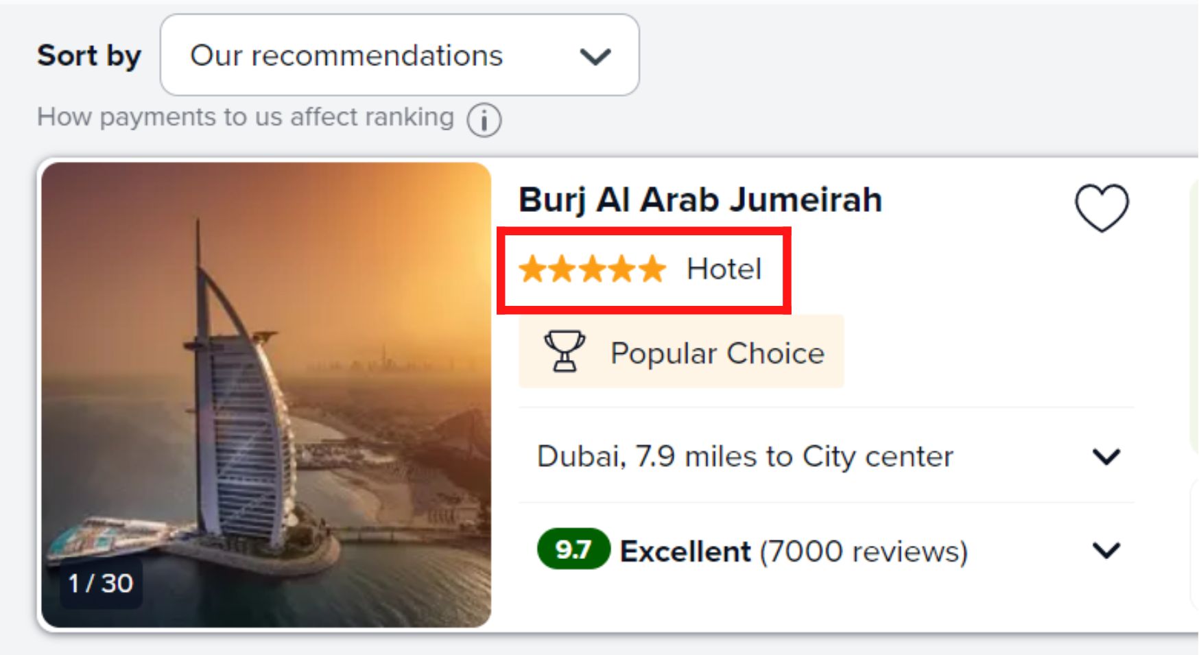 Oferta hotelu Burj Al Arab na Trivago, gdzie widać, że ma 5 gwiazdek