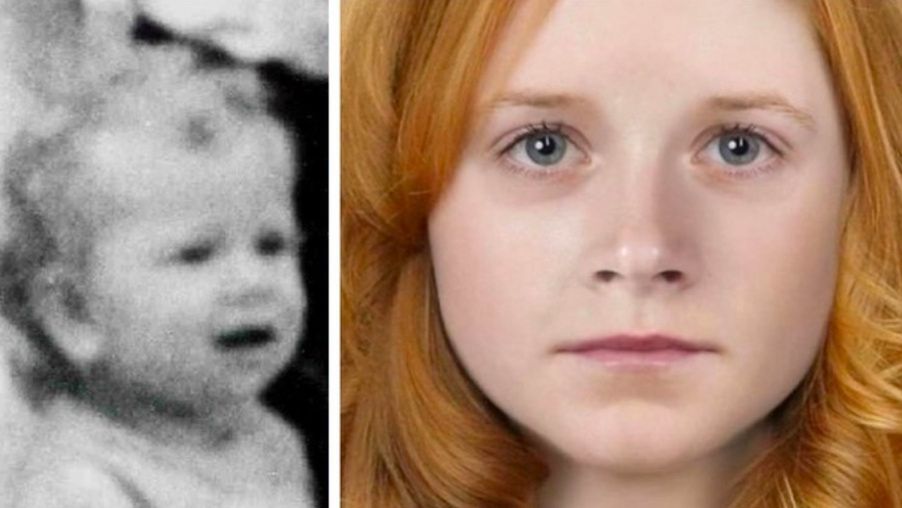 Zdjęcie małej Moniki Bielawskiej, jedno z nielicznych ocalałych w rodzinnym archiwum i portret progresywny wykonany przez policyjnych ekspertów (KMP Legnica)