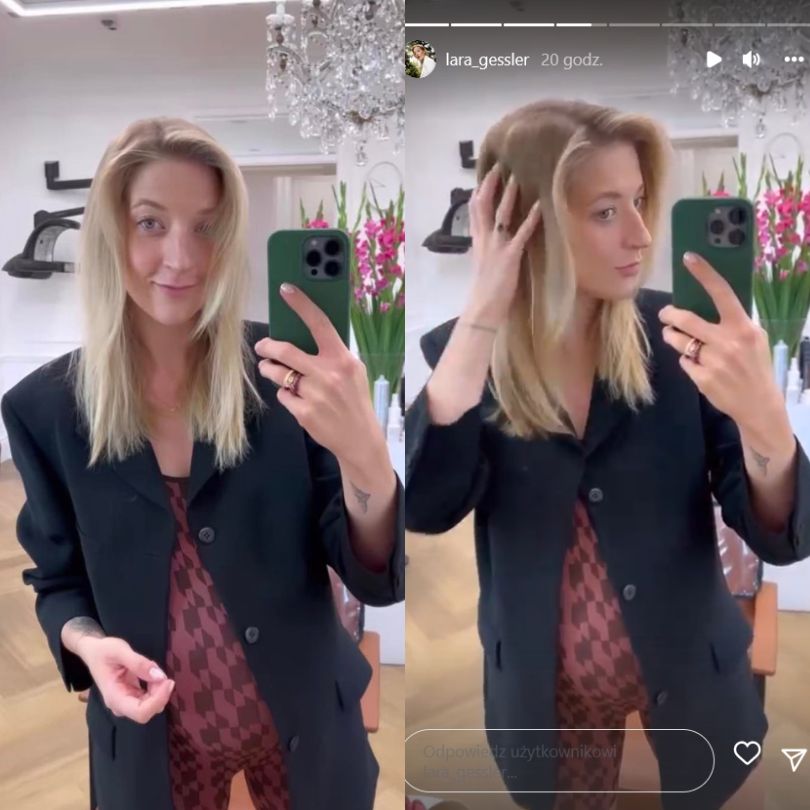 Lara Gessler eksponuje ciążowy brzuch u fryzjera