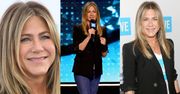 Uśmiechnięta Aniston z ortezą nadgarstka