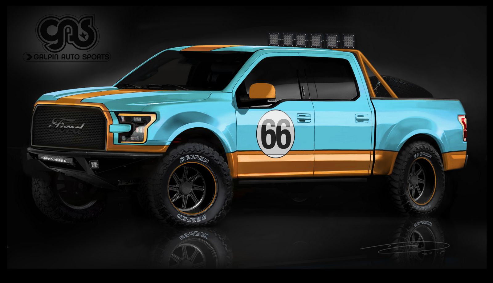 Wisienką na torcie amerykańskiego producenta będą zmodyfikowane pickupy F-150. Wielki amerykański wół roboczy w barwach Gulfa? W wersji Raptor, czemu nie?