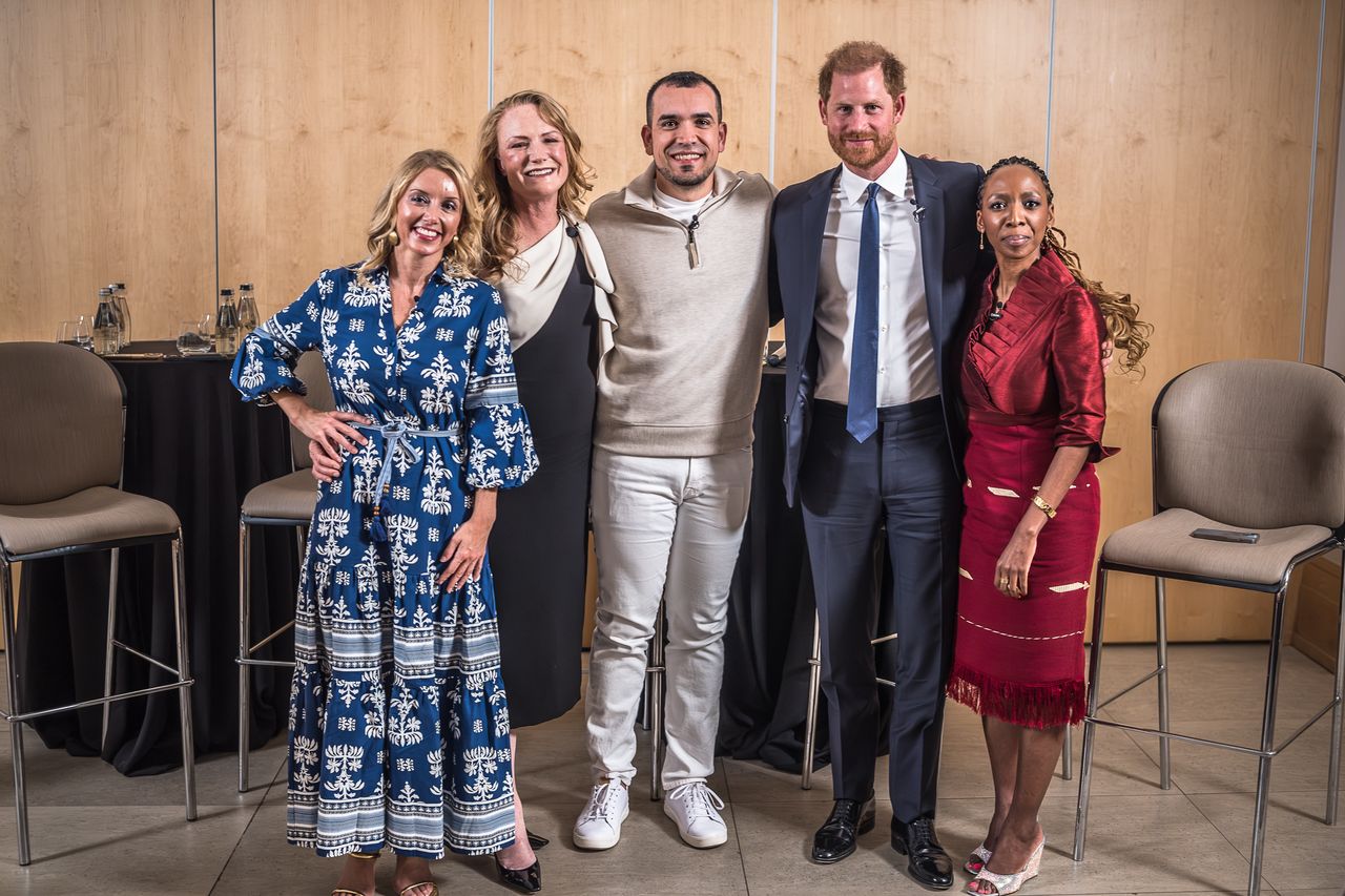 JOHANNESBURG, SOUTH AFRICA - OCTOBER 03: (L-R) Alix Lebec, Founder and CEO, LEBEC, Stacey Boyd, Founder & CEO Olivela, Hector Mujica, Head of Economic Opportunity, Google.org,  Prince Harry, Duke of Sussex and Board Chair Dr. Sophie Chandauka MBE attend a Sentebale reception and panel discussion at The Saxon Hotel in Johannesburg, South Africa. The event was supported by Baker McKenzie. The purpose was to convene global and local corporations and business leaders to discuss accelerating sustainable solutions for prosperity for young people in the region, including closing the digital divide on October 03, 2024 in Johannesburg, South Africa. (Photo by Brian Otieno/Getty Images for Sentebale)