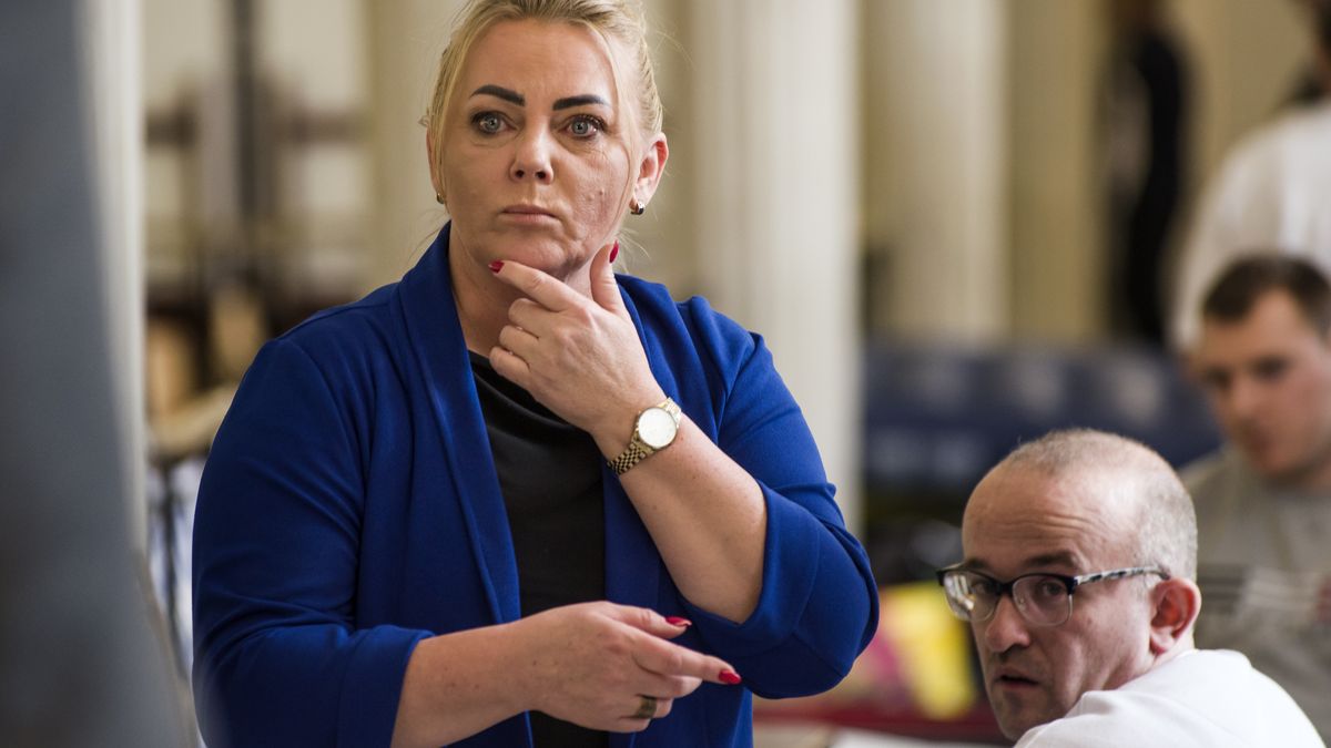 WARSAW, MAZOWIECKIE, POLAND - 2023/03/09: Iwona Hartwich, MP and member of the Civic Platform (PO) party is seen at the Parliamentary corridor. It is the 4th day since a group of Persons with disabilities along with their parents and care takers gathered in the Sejm (lower house of Parliament) on Monday 6th of March, demanding that the social pension be equalized with the national minimum. Among the protesters in the Sejm is also MP - Iwona Hartwich with her disabled son, Jakub. The PO's (Civic Platform) MP informed during a press conference that people with disabilities are submitting a draft act on social pension, after which almost 200,000 signatures have already been collected. The protesters spent the 4th night in the parliamentary corridor and announced, that they would leave the Sejm building only when the MPs dealt with the draft. (Photo by Attila Husejnow/SOPA Images/LightRocket via Getty Images)