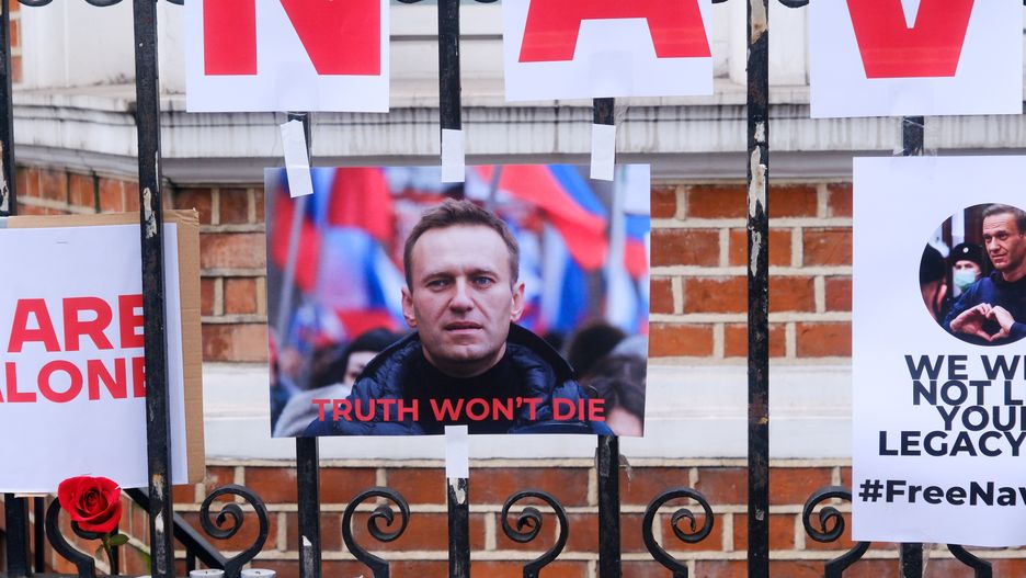 LONDON, UNITED KINGDOM - FEB 17, 2024 -  Flowers and tributes outside the Russian Embassy in London after the death of Alexei Navalny was announced. (Photo credit should read Matthew Chattle/Future Publishing via Getty Images)