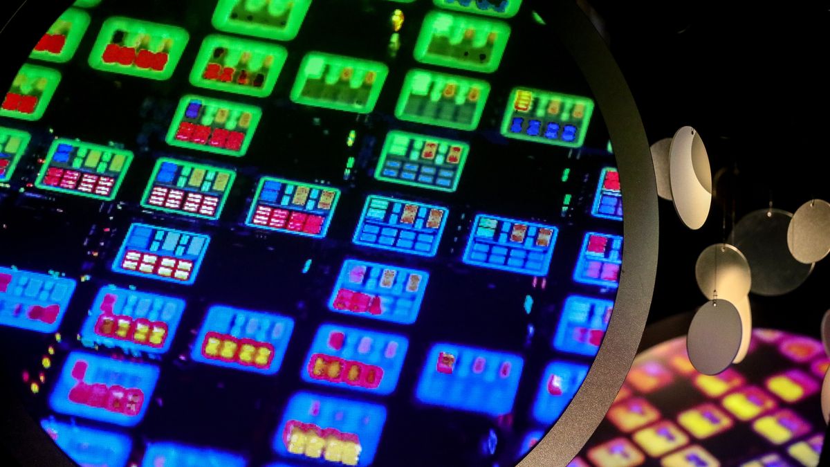 An image of a semiconductor wafer at the Taiwan Semiconductor Manufacturing Co. (TSMC) Museum of Innovation in Hsinchu, Taiwan, on Tuesday, April 18, 2023. TSMC is scheduled to release earnings results on April 20. Photographer: I-Hwa Cheng/Bloomberg via Getty Images