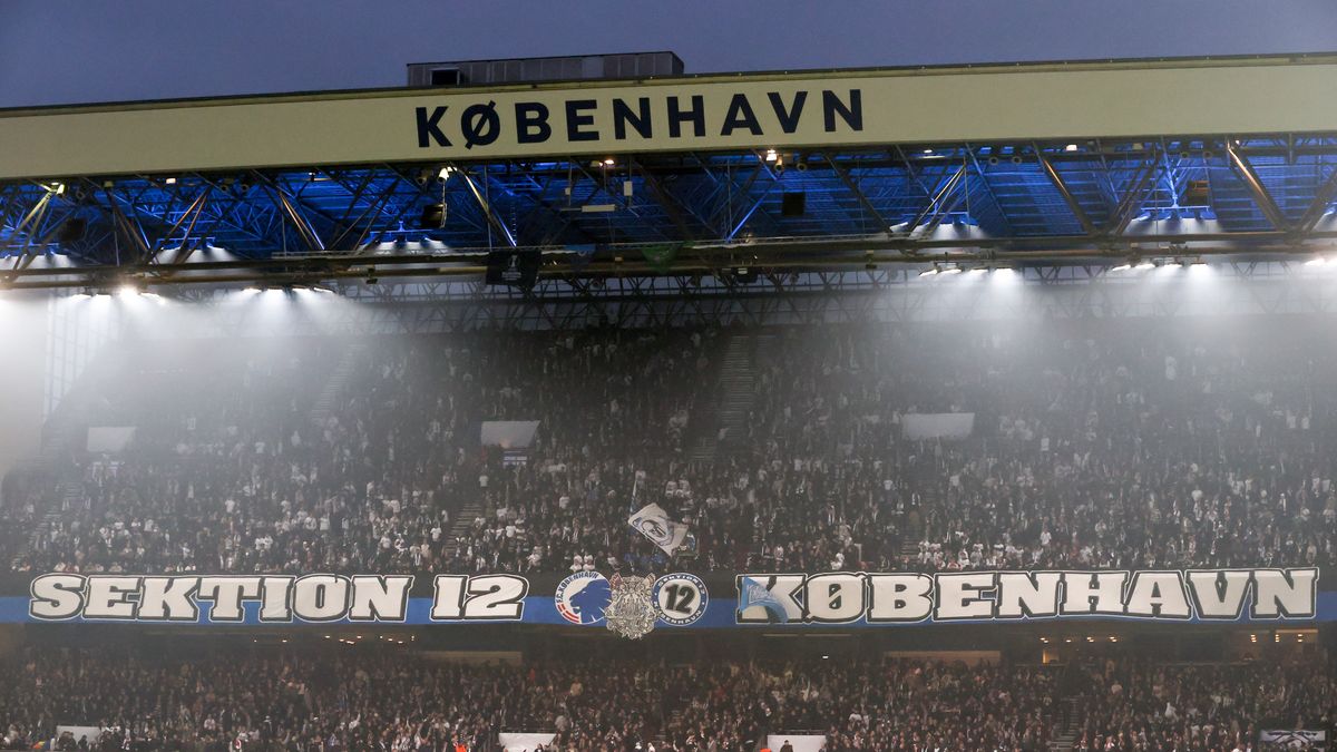 COPENHAGEN, DENMARK - MARCH 17: General view inside the stadium of FC Copenhagen fans prior to the UEFA Conference League Round of 16 Leg Two match between FC København and PSV Eindhoven at the Parken stadium on March 17, 2022 in Copenhagen, Denmark. (Photo by Martin Rose/Getty Images)