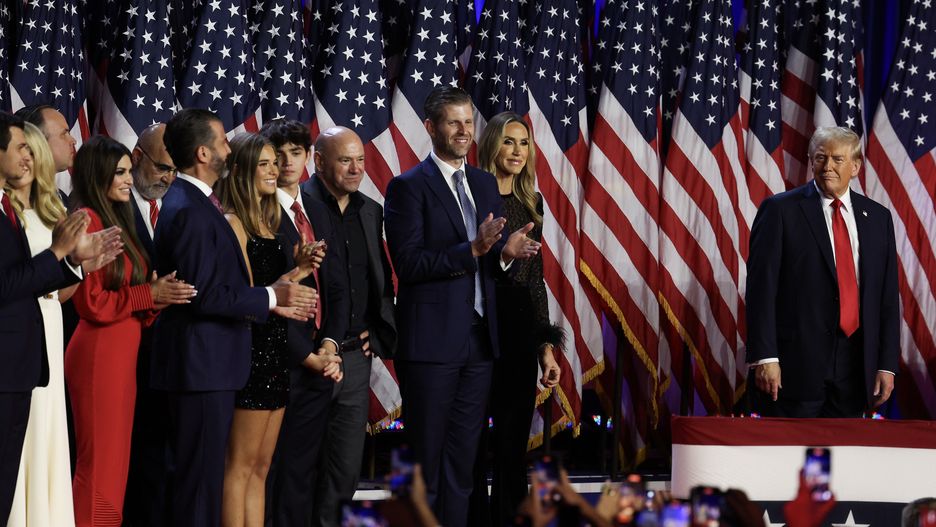 WEST PALM BEACH, FLORIDA - NOVEMBER 06: Members of the Trump family look on as Republican presidential nominee, former U.S. President Donald Trump arrives to speak during an election night event at the Palm Beach Convention Center on November 06, 2024 in West Palm Beach, Florida. Americans cast their ballots today in the presidential race between Republican nominee former President Donald Trump and Vice President Kamala Harris, as well as multiple state elections that will determine the balance of power in Congress.   (Photo by John Moore/Getty Images)