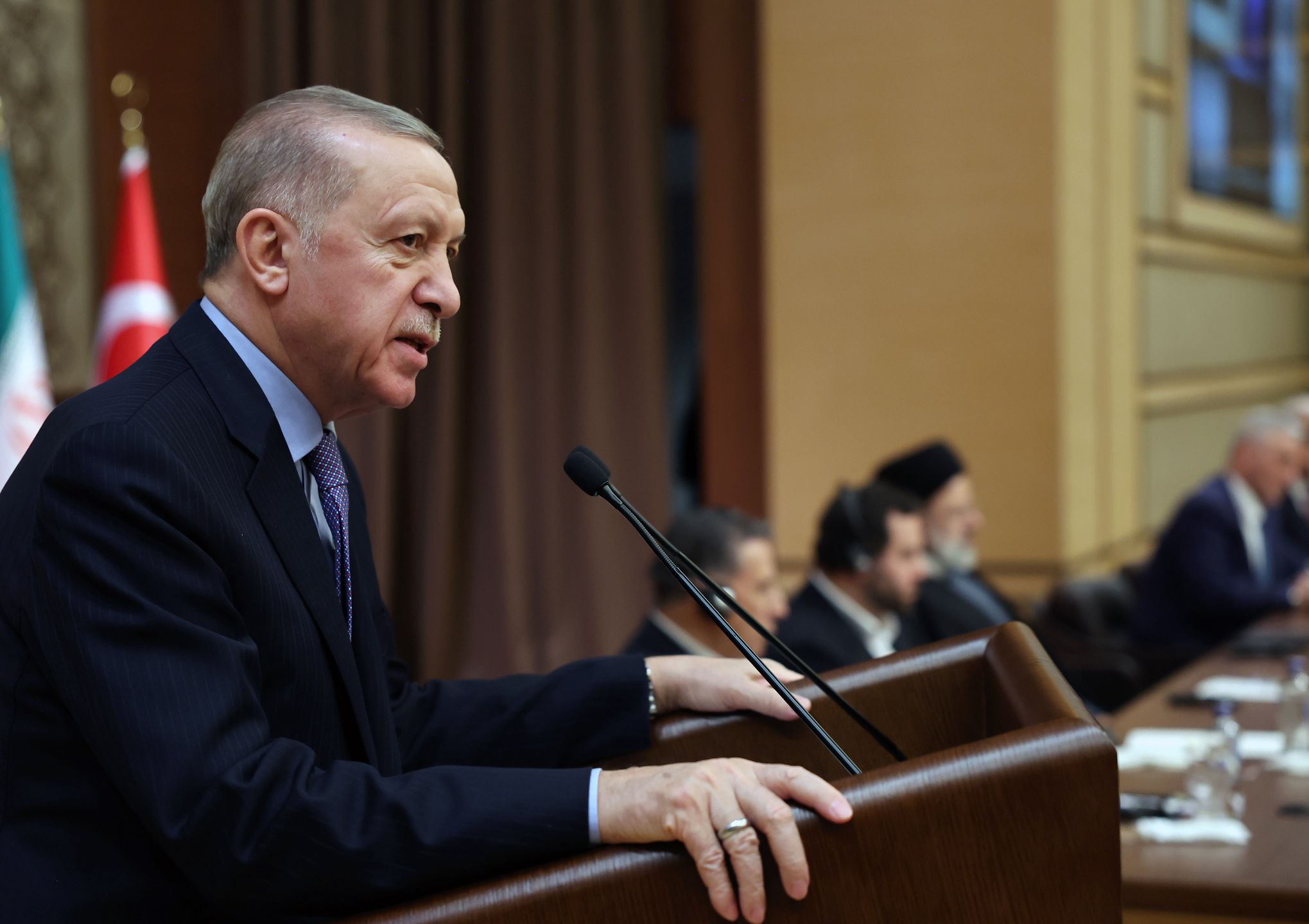 ANKARA, TURKIYE - JANUARY 24: (----EDITORIAL USE ONLY - MANDATORY CREDIT - 'TURKISH PRESIDENCY / MURAT CETINMUHURDAR / HANDOUT' - NO MARKETING NO ADVERTISING CAMPAIGNS - DISTRIBUTED AS A SERVICE TO CLIENTS----) Turkish President Recep Tayyip Erdogan makes a speech as he attends the 8th Meeting of Turkiye-Iran High-Level Cooperation Council at the Presidential Complex in Ankara, Turkiye on January 24, 2024. (Photo by TUR Presidency/ Murat Cetinmuhurdar/Handout/Anadolu via Getty Images)