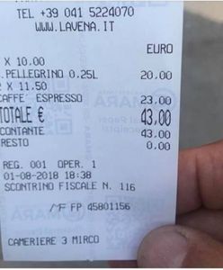 200 zł za kawę i wodę. Tyle musiał zapłacić turysta w Wenecji