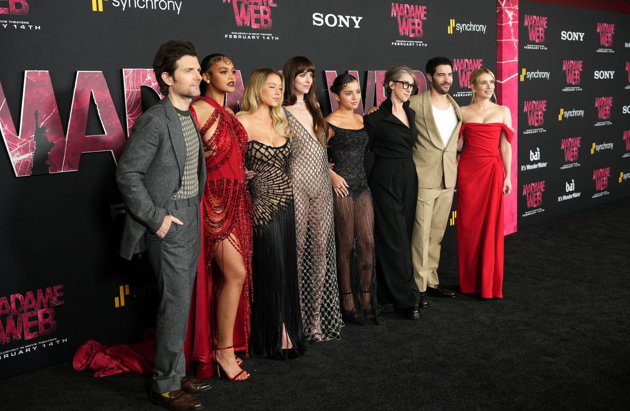 LOS ANGELES, CALIFORNIA - FEBRUARY 12: (L-R) Adam Scott, Celeste O'Connor, Sydney Sweeney, Dakota Johnson, Isabela Merced, Writer/Director/Executive Producer S.J. Clarkson, Tahar Rahim and Emma Roberts at the Red-Carpet World Premiere of Columbia Pictures’ MADAME WEB at the Regency Village Westwood Theater on February 12, 2024 in Los Angeles, California. (Photo by JC Olivera/Getty Images for Sony Pictures)