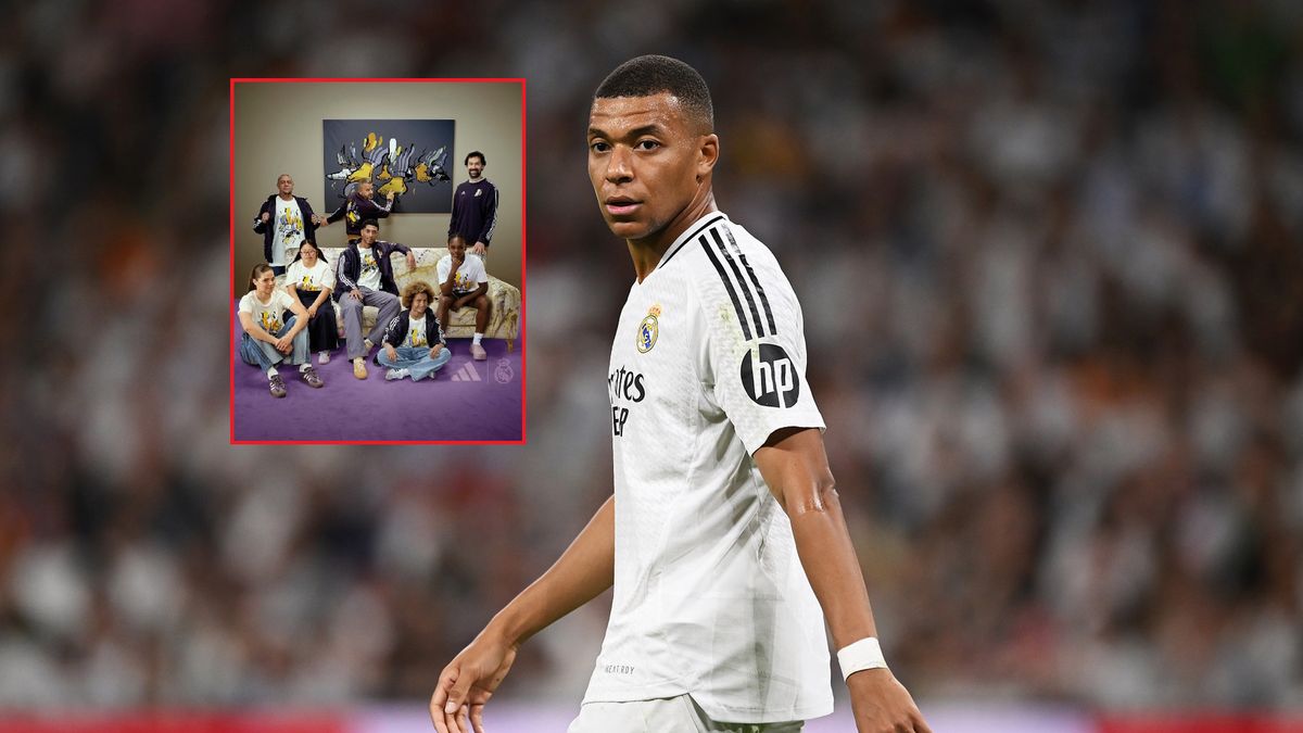 Getty Images / Denis Doyle / Real Madryt / Na zdjęciu: Kylian Mbappe. W ramce zdjęcie promocyjne Realu Madryt i Adidasa.