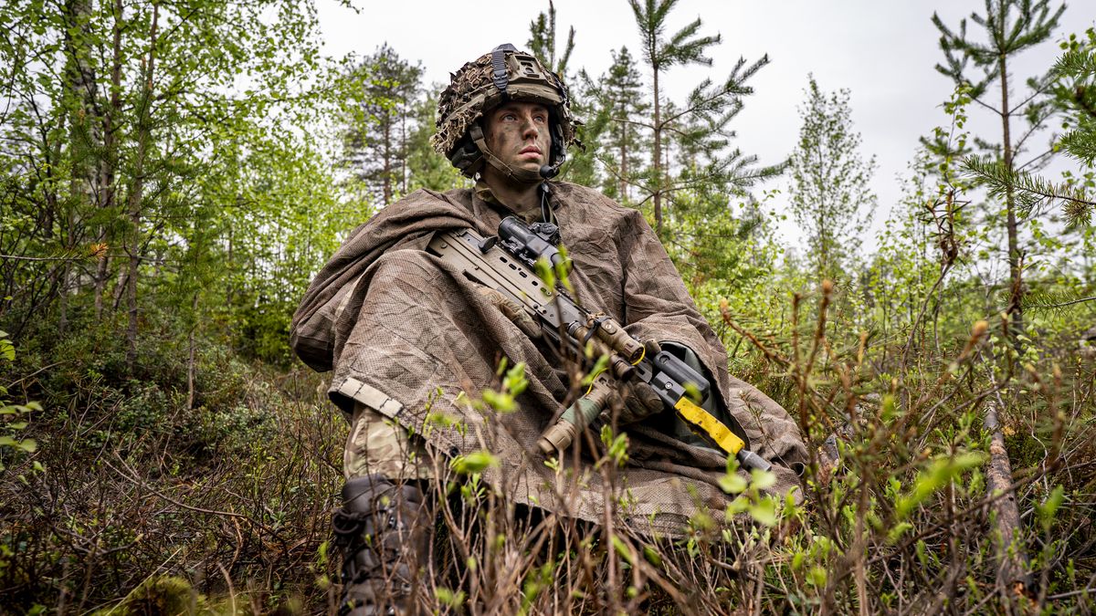 British Army soldiers from 3 Rifles watch for enemy forces at their Forward Line of Own Troops (FLOT) in an undisclosed training ground less than 50 kilometres from the Russian border in Finland where Nato troops are taking part in Exercise Northern Star, led by the Finnish military. The large scale ground exercise, comprising of around 4,000 coalition troops include the use of new technologies, including both reconnaissance and attack drones alongside a newly adopted Android Team Awareness Kit (ATAK) as their primary battle management application for its Dismounted Situational Awareness (DSA) program. Picture date: Monday May 25, 2026. (Photo by Ben Birchall/PA Images via Getty Images)