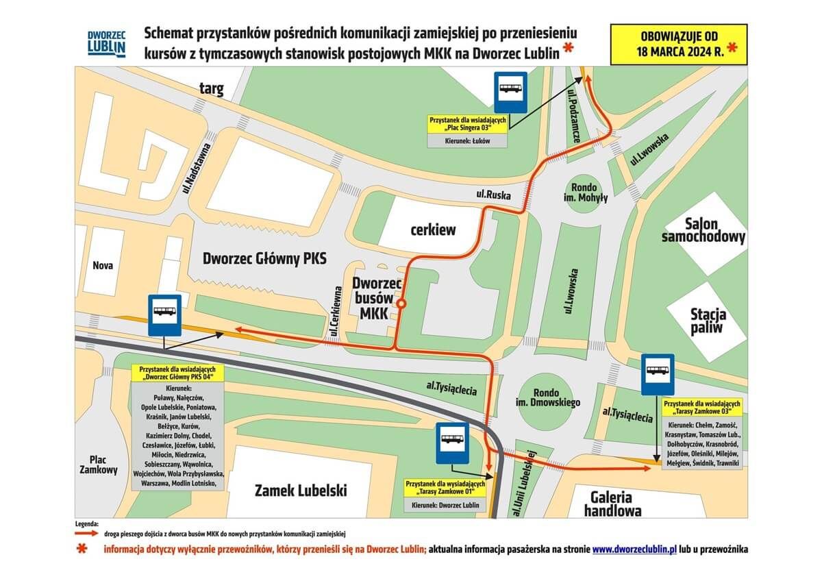 Mapa przystanków przy dworcu PKS z kierunkami odjazdów