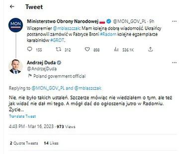 Screen skasowanego już wpisy Andrzeja Dudy na Twitterze