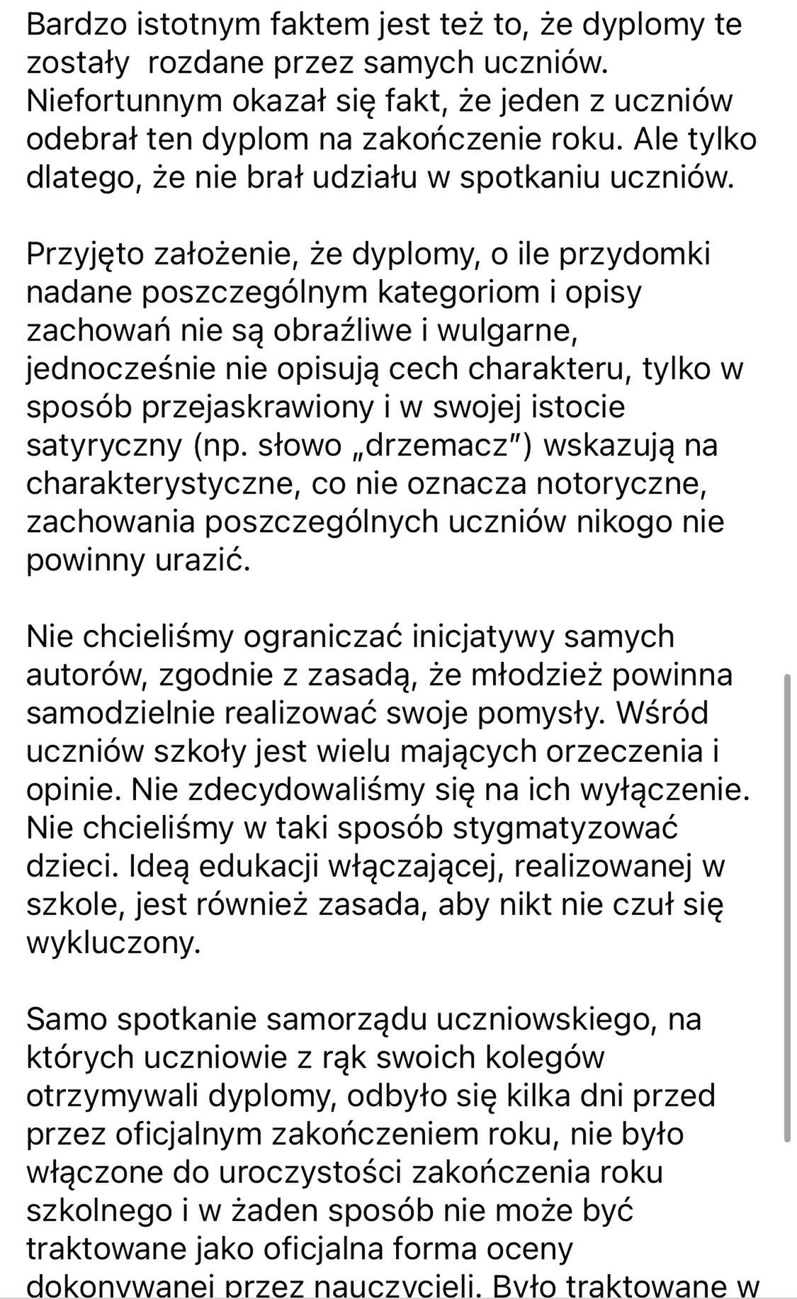 Oświadczenie dyrektorki szkoły