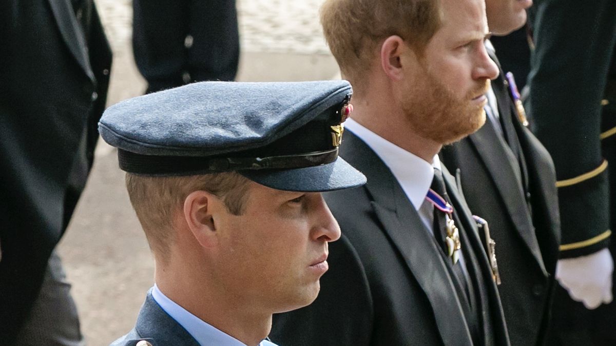 The State Funeral Of Queen Elizabeth IILONDON, ENGLAND - SEPTEMBER 19:  Prince William, Prince of Wales, Prince Harry, Duke of Sussex and Peter Phillips follow the coffin of Queen Elizabeth II is pulled on a gun carriage past Buckingham Palace following the State Funeral of Queen Elizabeth II at Westminster Abbey on September 19, 2022 in London, England.  Elizabeth Alexandra Mary Windsor was born in Bruton Street, Mayfair, London on 21 April 1926. She married Prince Philip in 1947 and ascended the throne of the United Kingdom and Commonwealth on 6 February 1952 after the death of her Father, King George VI. Queen Elizabeth II died at Balmoral Castle in Scotland on September 8, 2022, and is succeeded by her eldest son, King Charles III. (Photo by  Jenny Goodall - WPA Pool/Getty Images)WPA Pool