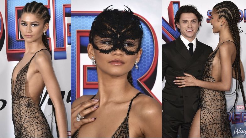Zendaya w sukni z motywem pajęczyny na premierze filmu "Spider-Man. Bez drogi do domu" u boku Toma Hollanda