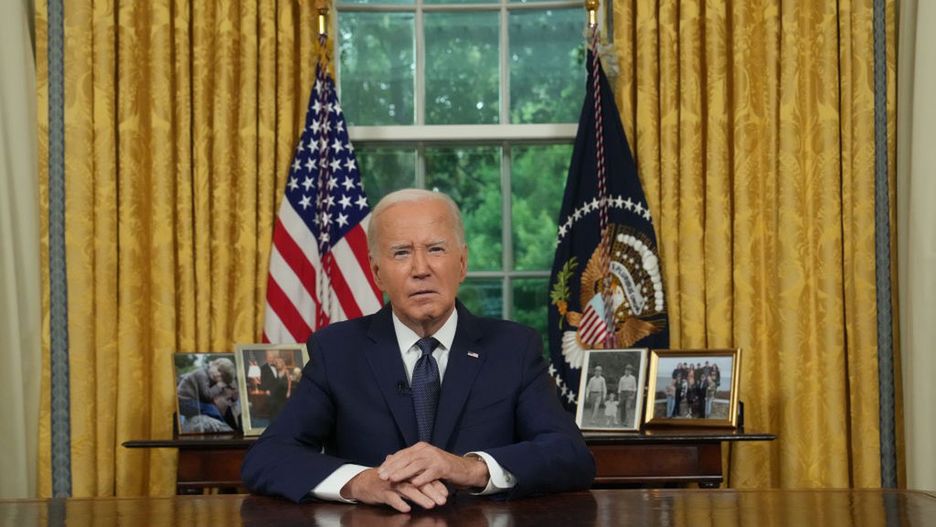 President Biden Addresses The Nation From The White House Oval Office
WASHINGTON, DC - JULY 14:  U.S. President Joe Biden delivers a nationally televised address from the Oval Office of the White House on July 14, 2024 in Washington, DC. The president was expected to expound on remarks given at a news conference earlier in the day on yesterday's shooting in Butler, Pennsylvania, in which former U.S. President Donald Trump was injured at a campaign rally.  (Photo by Erin Schaff-Pool/Getty Images)
Pool