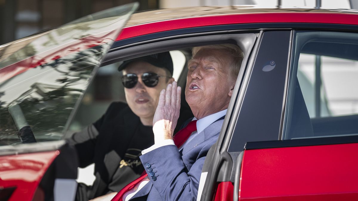 Washington, DC - March 11 : President Donald J Trump and Tesla CEO Elon Musk get into a model S while looking at various models of Teslas on the South Lawn at the White House on Tuesday, March 11, 2025 in Washington, DC. (Photo by Jabin Botsford/The Washington Post via Getty Images)